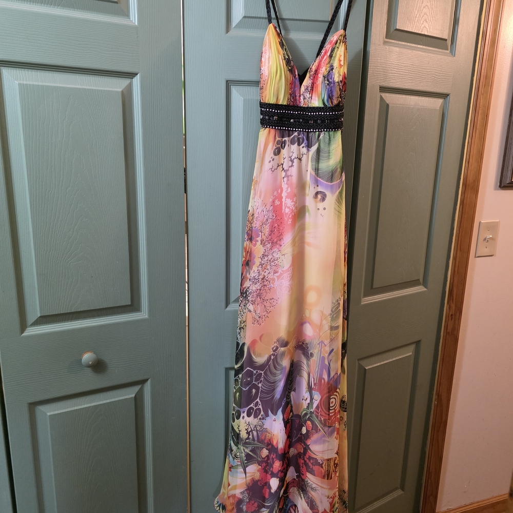 Multi-Color Floral Print Maxi Dress with Embellished Waist